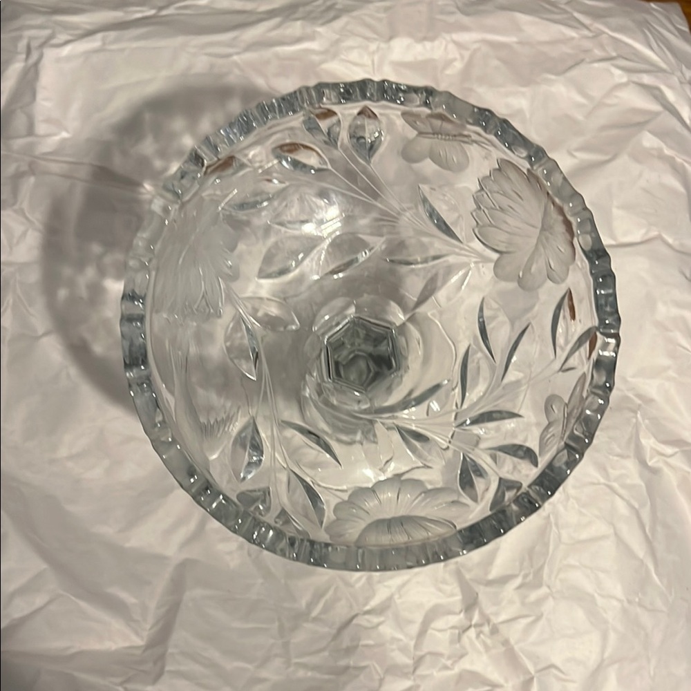 9" x 7" Vtg Crystal Cut Glass Compote Sawtooth Edge Birds Flowers & Butterflies